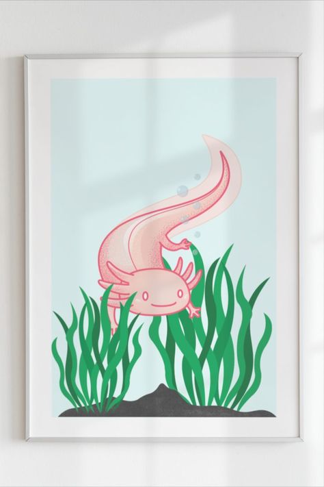 Axolotl Bedroom Ideas, Axolotl Room Decor, Axolotl Bedroom, Axolotl Decor, Axolotl Swimming, Seaweed Print, Rally Ideas, Rally Idea, Axolotl Cute