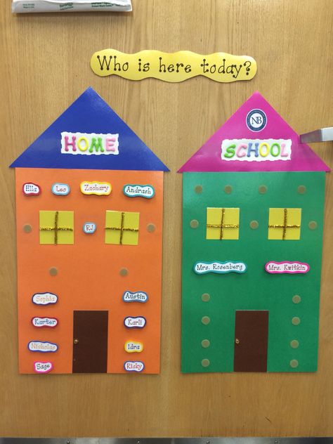 Who is here today?  Students move name from home to school to take ownership over attendance every AM. We Are Here Chart For Preschool, Whos Here Today Chart Classroom, Visual Attendance Board, Preschool Who Is Here Today Board, Home School Attendance Chart, Home And School Attendance Chart, Who’s Here Today Classroom, Who Is At School Today Chart, Who's At School Today Chart