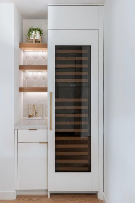 Mid-Century Modern Design Ideas Inspired The Interior Renovation Of This Home Kitchen Wine Fridge, Wine Fridge Cabinet, Matte Black Kitchen Sink, Fridge Design, Baldwin Hills, Modern Powder Rooms, Modern Design Ideas, White Vessel Sink, Matte Black Kitchen