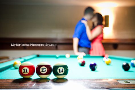 Save the Date with Billiard theme! Engagement photo ideas for Pool players. Find a way to incorporate your passion! Engagement poses, Save the date for pool players. Billiards Engagement Photos, Pool Table Engagement Photos, Billiard Photography, Prewedding Photoshoot, Highland Village, Lets Play A Game, Budget Friendly Wedding, Engagement Photo Ideas, Billiards Pool