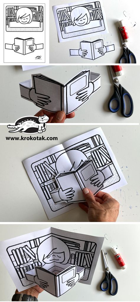 krokotak | pop-up card: IN THE LIBRARY 3d Book Craft, Diy Pop Up Book, Arte Pop Up, Pop Up Art, Library Activities, Pop Up Book, Library Card, Pop Up Cards, Craft Activities For Kids