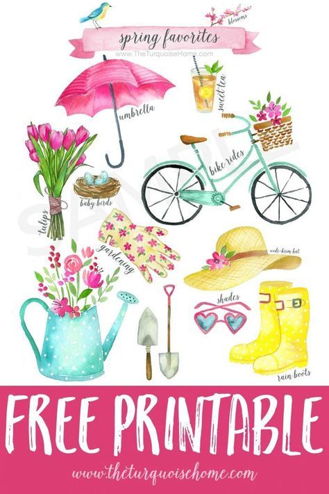 Download this Spring Favorites Free Printable with birds, blooms, and rainboots. And gather inspiration from a fresh, flowery spring vignette. To Do Planner, Spring Printables, Free Printable Art, 자수 디자인, Free Prints, Spring Crafts, Printable Stickers, 그림 그리기, Happy Planner