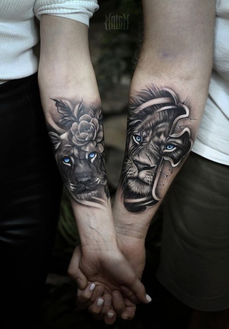 Matching Tattoos Lion, Matching Lion Tattoos Couples, Lion Couple Tattoo, Partner Tattoos Couples, Couples Lion Tattoo, Tattoo Partner, Partner Tattoo, Infinity Tattoos For Couples, Unique Infinity Tattoo