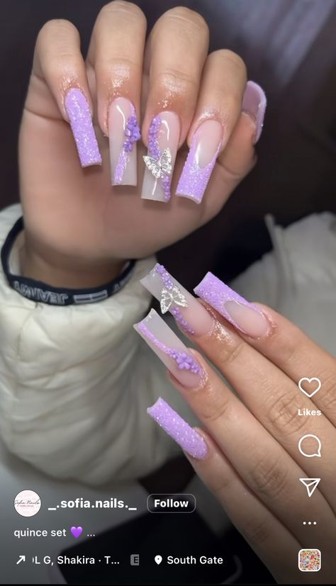 Lilac Nails Medium Length, Purple Birthday Nails, Purple Prom Nails, Lilac Nails Design, Purple And Silver Nails, Silver Acrylic Nails, Quince Nails, Mexican Quinceanera, Quinceanera Nails