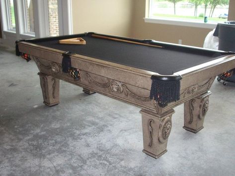 Updated Pool Table Makeover Refinish Pool Table, Painted Pool Table, Paint Pool Table, Pool Table Makeover, Rustic Pool Table Lights, February Tattoo, Pool Table Sizes, Wood Workbench, Baby Crib Diy