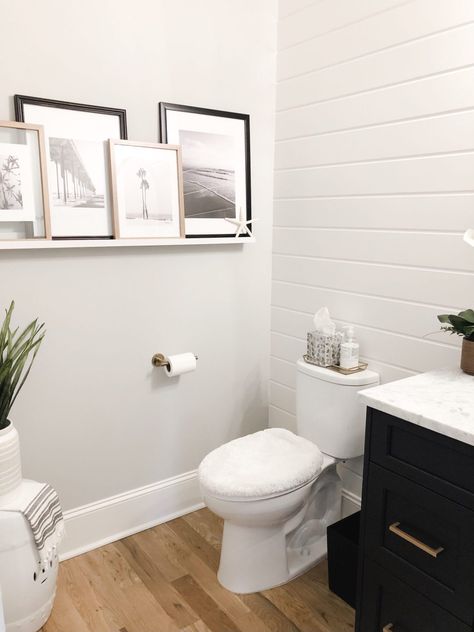 White Half Bathroom Decor, Black White Wood Powder Room, Shiplap Powder Bathroom, Simple Black White Wood Powder Room, Farmhouse Powder Room Decor, Boho Powder Room Ideas, Shiplap Powder Room, Powder Room Sign On Door, Half Bathroom Decor Ideas