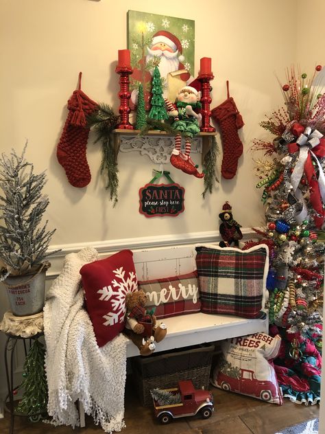 Christmas Hallway, Church Pew, Christmas 2023, Christmas 2019, Angel Art, Farmhouse Christmas, Ladder Decor, Christmas Stockings, Santa Claus