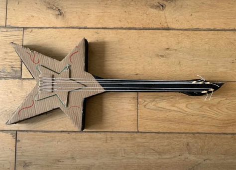 How To Make Guitar With Cardboard, Cardboard Electric Guitar, Cool Things To Do With Cardboard, Star Shaped Guitar, Rockstar Crafts, Cardboard Guitar Diy, What To Make With Cardboard, Stuff To Make Out Of Cardboard, Cardboard Instruments