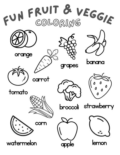 Help your kids learn about the colors of different fruits and vegetables with a fun coloring sheet! Coloring Pages Fruits And Vegetables, Fruits And Vegetables Activities Toddler, Fruits And Vegetables Lesson Plan, Fruit And Vegetables Worksheet Preschool, Vegetable Templates Free Printable, Coloring Fruits For Kids, Fruits And Vegetables Printables, Fruits And Veggies Activities Preschool, Vegetables Worksheets Kindergarten