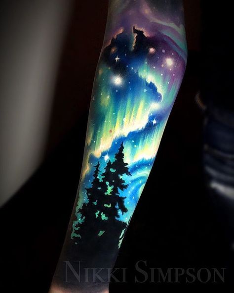 wow aurora tatt Sky Tattoo Sleeve, Galaxy Tattoo Ideas, Aurora Borealis Tattoo, Lights Tattoo, Galaxy Tattoos, Aurora Tattoo, Northern Lights Tattoo, Galaxy Tattoo Sleeve, Space Tattoo Sleeve