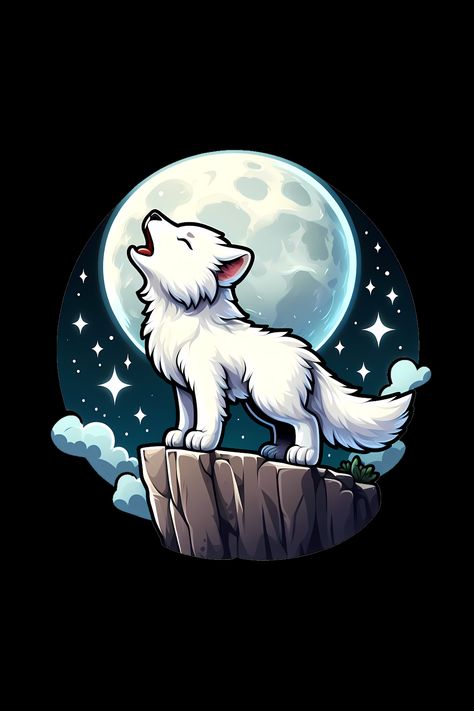 Cute White Wolf Howling On The Moon At The Top Of A Cliff T-Shirt Kawaii Wolf Drawing, Wolf Aesthetic Cute, Wolf Cute Drawing, Cute Wolf Wallpaper, Cute Wolf Art, Chibi Wolf, Kawaii Wolf, Wolf Cute, Wolf Cartoon