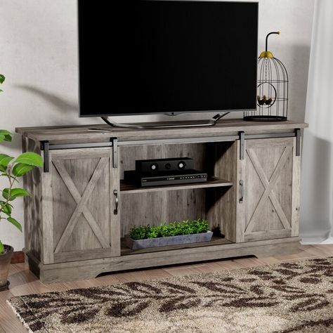 Three Posts Pavo TV Stand for TVs up to 65" & Reviews | Wayfair Modern Farmhouse Sliding Door, Tv Stand Grey, Farmhouse Sliding Door, Woodsy Decor, Swivel Tv Stand, Tv Stand Set, Grey Tv Stand, Tv Console Table, Farmhouse Tv Stand