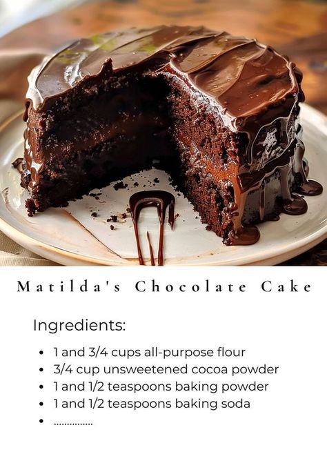 Tasty Cooking - easy & yummy | Treat yourself to a slice of heaven with Matilda's Chocolate Cake – a classic recipe that's sure to satisfy your sweet cravings | Facebook Matilda Chocolate Cake, Matilda Cake, Double Chocolate Cake, Cocoa Cake, Unsweetened Cocoa Powder, Chocolate Cake Recipe Easy, Cake Recipes From Scratch, Easy Homemade Recipes, Specialty Cakes