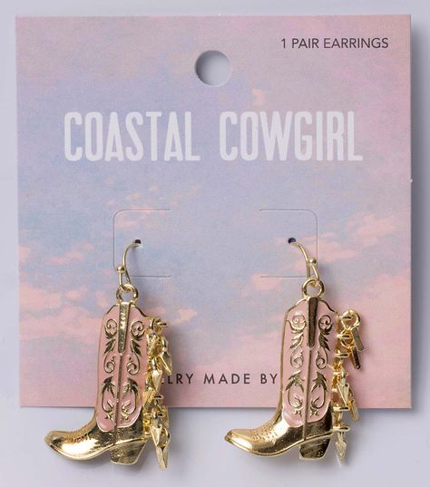 Jewelry Made by Me 1" Gold Cowgirl Boots EarringsHold - em! Gold and pink enamel cowgirl boot earrings with fringe are a must have for summer disco cowgirl looks, by Jewelry Made By Me The backs of the boots are lined with real fringe dangles and these earrings hang from French wire earrings hooks, bringing lots of movement to the rodeo Gold western scrollwork details Pair with your summer beachy looks to go Coastal CowgirlProduct DetailsDimensions: 1 1/4" long x 1" wideContent: Zinc Alloy, IronBrand: Jewelry Made By MeCollection: Coastal Cowgirl Gold Cowgirl Boots, Workout Recipes, Boot Earrings, Cowgirl Look, Disco Cowgirl, French Wire Earrings, Cowgirl Jewelry, Pink Cowgirl, Cowgirl Boot