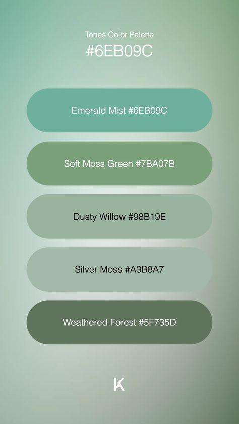 Tones Color Palette Emerald Mist #6EB09C · Soft Moss Green #7BA07B · Dusty Willow #98B19E · Silver Moss #A3B8A7 · Weathered Forest #5F735D Dusty Green Color Palette, Moss Color Palette, Moss Color, Hex Color Palette, Cool Green, Green Colour Palette, Digital Planning, Hex Colors, Color Wheel