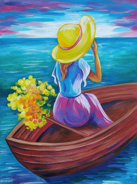 Anastasia Kozorez, Water Woman, Canvas Painting For Beginners, Sea Boat, Flowers Acrylic, Painting Woman, Small Canvas Paintings, Diy Watercolor Painting, Painting For Beginners