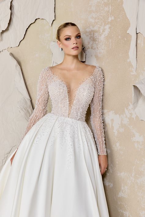 BROOKS: Mikado Ball Gown with Beaded Plunging Sabrina Neckline Beaded Long Sleeve Wedding Dress, Glittery Wedding Dress, Square Neckline Wedding Dress, Dramatic Wedding Dress, Art Deco Wedding Dress, Satin Ballgown, Sabrina Neckline, Justin Alexander Signature, Girls Bridesmaid Dresses