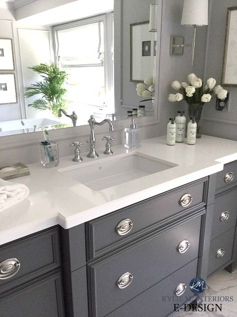 Benjamin Moore  City Shadow--The 6 Best Paint Colours for a Bathroom Vanity – Including White! Painted Vanity Bathroom, Painting Bathroom Cabinets, Black Paint Color, Painted Bathroom, Interior Simple, Painted Vanity, Grey Bathroom Vanity, Popular Paint Colors, Interior Vintage