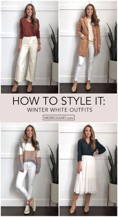 4 Ways To Wear It: Wearing White After Labor Day - Merrick's Art Styling White Pants In Winter, Cute White Pants Outfit, How To Style Off White Pants, White Pants Winter Outfit Casual, White Leather Pants Outfit Winter, Off White Leather Pants Outfit, White Winter Pants Outfit, White Pants Winter Outfit Classy, White Pants Shoes