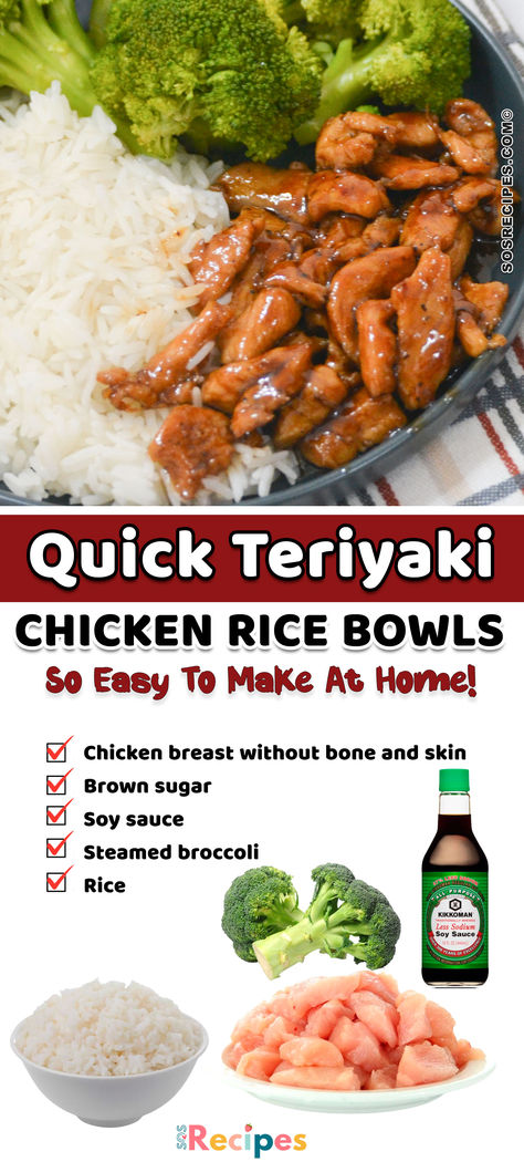 This simple and tasty 20-minute recipe of delicious rice plated with some broccoli and tender chicken full of garlicky goodness, made into these perfect Teriyaki Chicken Rice Bowls. With components you can easily find at home, put a twist on your dinner with an Asian touch. Rice Bowls Chicken, Quick Teriyaki Chicken, Teriyaki Chicken Bowl Recipe, Teriyaki Chicken Rice, Rice Bowls Healthy, Teriyaki Chicken Rice Bowl, Teriyaki Rice, Teriyaki Chicken Bowl, Bowl Recipes Easy