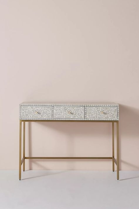 Scroll Vine Inlay Vanity Table | Anthropologie Bone Inlay Side Table, Sofa Bar, Bone Inlay Furniture, Console Tv, Inlay Furniture, Wooden Console Table, Wooden Console, Vine Design, Bone Inlay