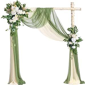 Emivery Wedding Arch Flowers Kit (Pack of 4), 2pcs Green Rose Flower Swag Arrangement with 2pcs Draping Fabric for Wedding Ceremony Arbor and Reception Backdrop Floral Decoration