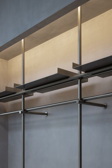 Magnlens LA — LASEU Shelves With Railings, Metal Railing Design, Bright Ceiling, Dark Flooring, Westfield Century City, City Los Angeles, Dark Floors, Steel Racks, Urban Aesthetic