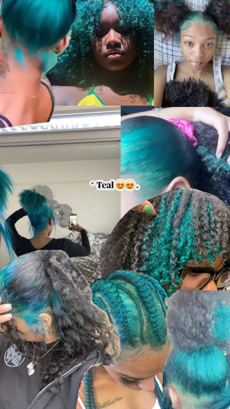 blue / teal skunk striped & hair dye color are soo cute Peekaboo Teal Hair, Blue Protective Styles, Teal Natural Hair, Teal And Blonde Hair, Teal Peekaboo Hair, Teal Curly Hair, Dark Turquoise Hair, Pink And Teal Hair, Blue Teal Hair