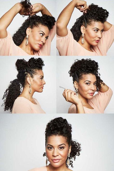 Half-Up Twisted Pompadour Quick And Cute Hairstyles, Cute Hairstyles For Curly Hair, Easy And Cute Hairstyles, Women With Curly Hair, Southern Hair, Smart Hairstyles, Curly Hair Up, Half Bun Hairstyles, Curly Hair Ponytail