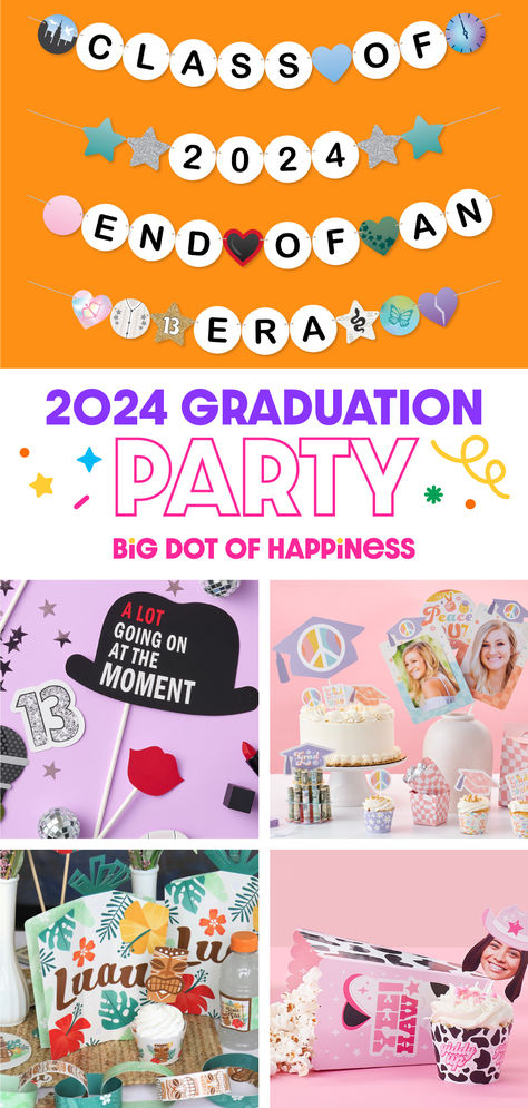 2024 Graduation Party Ideas from Big Dot of Happiness. Grad Era friendship bracelet banner, groovy grad table decor, one degree hotter luau supplies, and yee haw & giddy up 2024's last rodeo grad party decorations. Taylor Swift Themed Grad Party, Era Themed Parties, Graduation Party Ideas Taylor Swift, Taylor Swift Graduation Party Ideas, Graduation Era Party, Groovy Graduation Party Ideas, Eras Tour Graduation Party, In My Graduation Era Party, Taylor Swift Grad Party