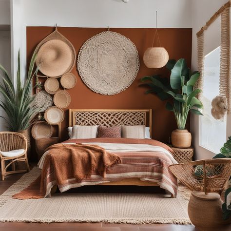 🌿🛌 Boho bedroom vibes! Rattan pendant, cozy rug, wooden bed & headboard, mix & match patterned bedding + pillows, terracotta blanket, macrame art, green potted plants 🌱, wicker chill-out chair, handy side table, pampas in a vase 🏺, flowy curtains & a unique wall mirror. #BohoBedroom #HomeDecorIdeas ✨ #odastudioAI #odaAIstudio #odastudio  #bedroomdecor #bedroomideas #bedroominspiration #bedroomdesign #cozybedroom #bohobedroom #modernbedroom #bedroomstyle #masterbedroom #bedroominterior Terracotta Blanket, Terracotta And Green Bedroom, Flowy Curtains, Miami Bedroom, Egypt House, Wooden Bed Headboard, Unique Wall Mirror, Cozy Rug, Bedroom Vibes