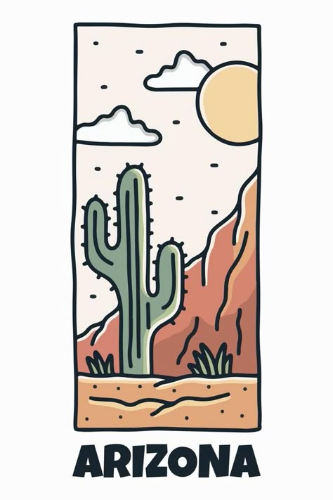 The cactus in Arizona desert design for patch, pin, graphic, art t-shirt design Cactus Graphic Design, Outdoorsy Design, Desert Artwork, Desert Map, Arizona Tattoo, Trip Design, Tattoo 2024, Cactus Graphic, Arizona Art