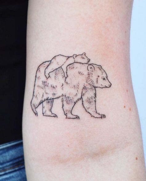 Father Bear Tattoo, Tattoo Bear Grizzly, Subtle Bear Tattoo, 3 Bear Tattoo, Mama Bear Tattoo Mothers Sons, Mom And Son Animal Tattoo, Bear Walking Tattoo, Bear And Fish Tattoo, Two Bear Tattoo