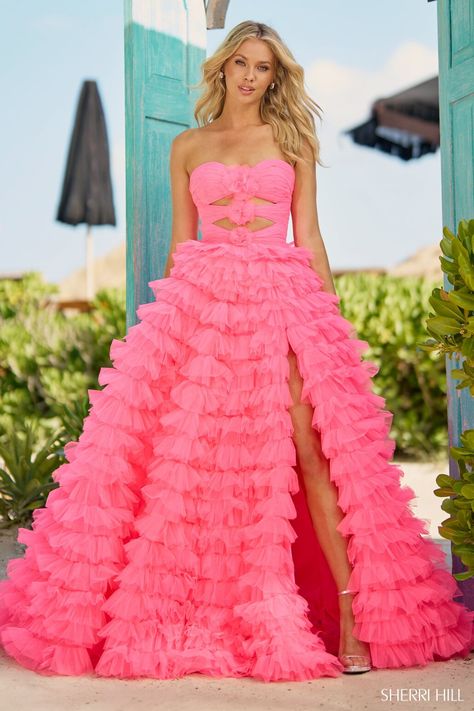 Buy dress style № 56067 designed by SherriHill Pink Prom Dresses Sherri Hill, Beachy Dresses, Ruffle Prom Dress, Sherri Hill Prom, Sherri Hill Prom Dresses, Prom Dress Stores, Elegant Attire, Prom Dress Styles, Ball Gown Skirt