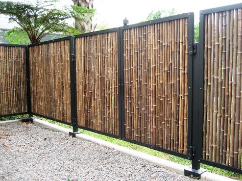 privacy fence                                                                                                                                                                                 More Pergola Privacy, Gard Modern, Rolled Fencing, Bamboo Privacy, Garden Fence Panels, Bamboo Panels, Bamboo Poles, Metal Pergola, Backyard Privacy