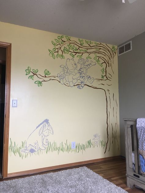 Winnie The Pooh Nursery Mural, Nursery Murals, Pooh Nursery, Baby Nursery Inspiration, Winnie The Pooh Nursery, Wood Nursery, Baby Room Themes, Disney Baby Shower, Nursery Mural