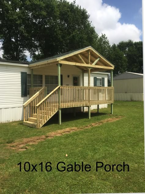 Porch Plans Mobile Home, Diy Porch For Mobile Home, Deck For Trailer House, Porch With Peaked Roof, Gable Porch On Mobile Home, Small Front Porch Ideas For Mobile Homes, Covered Porch Ideas For Mobile Homes, Small Front Porch For Mobile Home, Front Porch Mobile Home Ideas