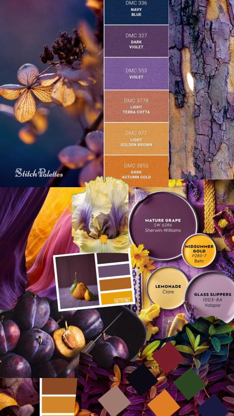 All mixes and values of purple with yellow, gold ocher mustard Yellow Palette, Purple Color Palettes, Light Golden Brown, Dark Autumn, Yellow And Purple, Glass Slipper, Girl's Room, Mustard Yellow, Purple Color