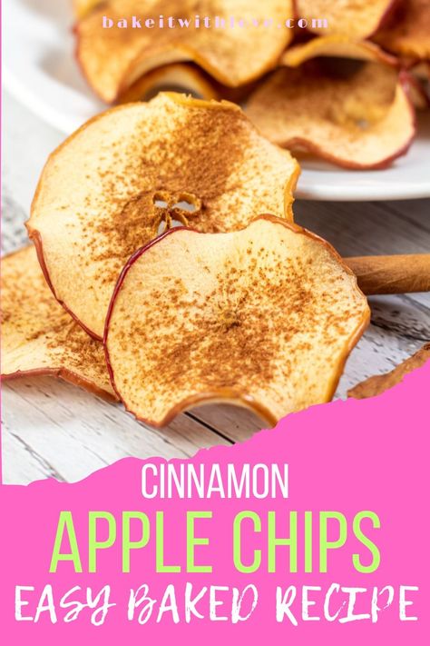 These baked cinnamon apple chips are a delicious and nutritious treat that you can feel good about snacking on! You don't even need a dehydrator, they can be made right in your oven! With no added sugar, these baked apple chips are a great snack for kids and adults alike! BakeItWithLove #bakeitwithlove #apples #applechips #cinnamon #baked #snacks #fruit Apple Chips In Oven, Apple Recipes No Sugar, Dehydrating Fruit, Chili Chicken Enchiladas, Dehydrated Banana Chips, Baked Apple Chips, Cinnamon Apple Chips Baked, Oven Baked Apple, Apple Chips Recipe