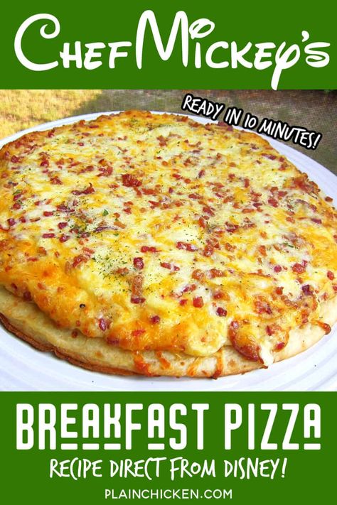 Chef Mickey's Breakfast Pizza - recipe from Walt Disney World - quick and easy breakfast pizza - ready in 10 minutes!! Premade pizza crust topped with eggs, heavy cream, mozzarella, provolone, cheddar and bacon. Great weekday breakfast! #disney #kidfriendly #breakfast Crustless Breakfast Pizza, Sheet Pan Breakfast Pizza, Best Breakfast Pizza, Breakfast Recipes With Eggs, Easy Breakfast Pizza, Chef Mickey, Breakfast Pizza Recipe, Weekday Breakfast, Disney Recipes