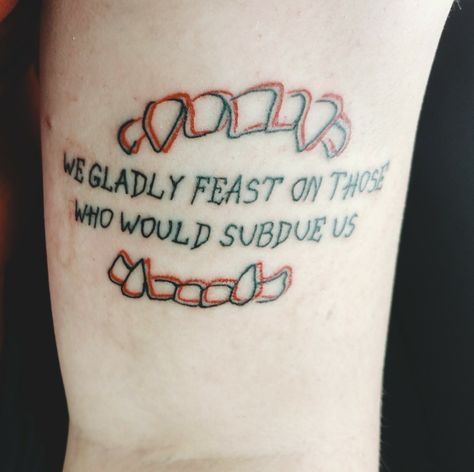 Addams family motto tattoo, English translation. Black and red design. Done by AJ at Ink and Steel tattoo! Addams Family Tattoo Flash, Thing Tattoo Addams Family, Addams Family Tattoo Ideas, Spooky Couple Tattoos, Addams Family Tattoos, Wednesday Addams Tattoo Ideas, Morticia Tattoo, Adams Family Tattoo, Motto Tattoo