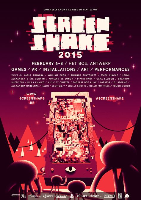 ScreenShake (before called Free to Play) was an indie game event organized at Het Bos in Antwerpen on February 6-8th, 2015. Illustration by Dominik Johann at (http://dom.ink) Event Games, Gaming Posters, Game Poster, Indie Game, Event Poster Design, February 6th, Sports Graphic Design, Event Flyer, Event Poster