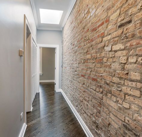 Exposed Brick Hallway, Internal Brick Wall, Magpie Society, Brick Hallway, Landing Decor, Brick Interior Wall, Hallway Wallpaper, Terrace Decor, Hallway Designs