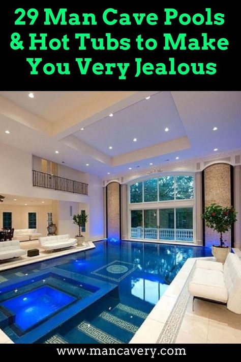 29 Best Indoor Man Cave Pools & Tubs - of course - a pool or tub in Man Cave is a very big indulgence but there is no reason it has to be kept for the men! Check out these amazing Man Cave pools and tubs and see what you could create in your home with a little inspiration #mancave #pools #hottubs Indoor Pool Design, Indoor Pools, Indoor Swimming Pool, Casa Country, Pool Picture, Luxury Pools, Dream Pools, Versace Home, Indoor Swimming