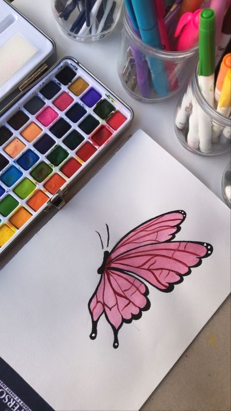 Painting Clipart, Butterfly Watercolor Painting, Painting Canvases, Butterfly Watercolor, Watercolor Painting, Crayon, Markers, Butterflies, Pink