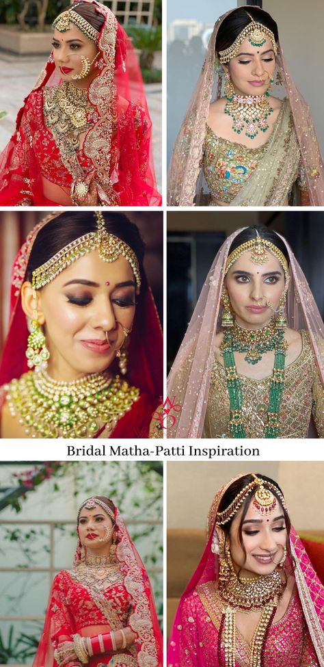 Matha Patti is an integral part of the Bridal look. It is an elaborated version of a maang tikka, worn along the forehead. Although it is a piece of traditional jewellery, it has become a style statement now. From the gorgeous oversized ones, multi-layered to the lightweight ones, it is quite a task to pick one. Here’s our curated list of trendy Matha-Patti designs which will steal the hearts of soon-to-be-brides. #mathapatti #indianbrides #bridetobe #weddingsonly #indianwedding #wedding #makeup Mata Patti Bridal, Mathapatti Brides Hairstyle, Bridal Tikka Indian, Bridal Hairstyles With Matha Patti, Brides With Mathapatti, Indian Bride Hairstyle With Matha Patti, Indian Bride Headpiece, Matha Patti With Open Hair, Bride With Matha Patti