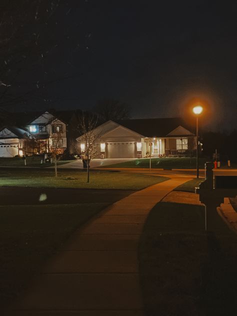 Suburbs Aesthetic Night, Big Houses At Night, Night House Aesthetic, Neighborhood Aesthetic Night, Home At Night Aesthetic, House Night Aesthetic, Quiet Neighborhood Aesthetic, Walking Home Aesthetic, Neighborhood Street Aesthetic