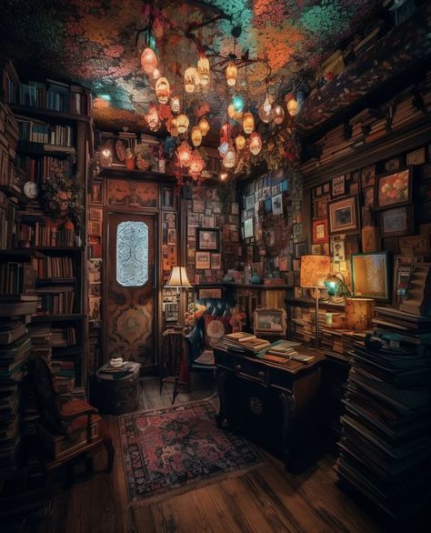 Witches Study Room, Wizard Interior Design, Fantasy Study Room, Small Study Room Ideas Cozy Library, Wizard Room Aesthetic, Fantasy Bookstore, Wizard Study, Wizards House, Alchemy Room