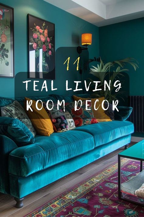 Love teal? Discover 11 stunning living room decor ideas that incorporate teal beautifully. Click to get inspired! 🛋️✨ #HomeDecor #LivingRoom #TealDecor #InteriorDesign #StyleInspo Cognac And Teal Living Room, Living Room Petrol Blue, Orange Pink Teal Color Palette, Beautiful Living Room Colors, Teal Sofa Decor, Turquoise Furniture Living Room, Teal Couch Decor, Blue Paint Ideas For Living Room, Bright Coloured Living Room