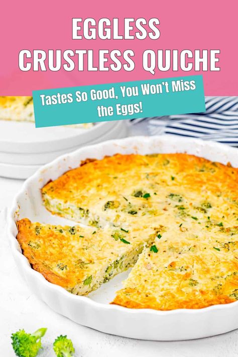 This Eggless Crustless Quiche is a delightful and satisfying dish that's both easy and quick to prepare. With no crust to fuss over, it's perfect for any time of day—whether you're craving a hearty breakfast, a quick lunch, or a light dinner. The recipe is versatile, allowing you to easily swap in your favorite cheese, veggies, or whatever ingredients you have on hand. It also stores well, making it a great option for meal prep, so you can enjoy it throughout the week. Eggless Quiche Recipes Egg Free, Egg Free Quiche, Eggless Brunch Recipes, Eggless Quiche Recipes, Eggless Meals, Just Egg Quiche, Eggless Breakfast Ideas, Egg Free Snacks, Eggless Breakfast